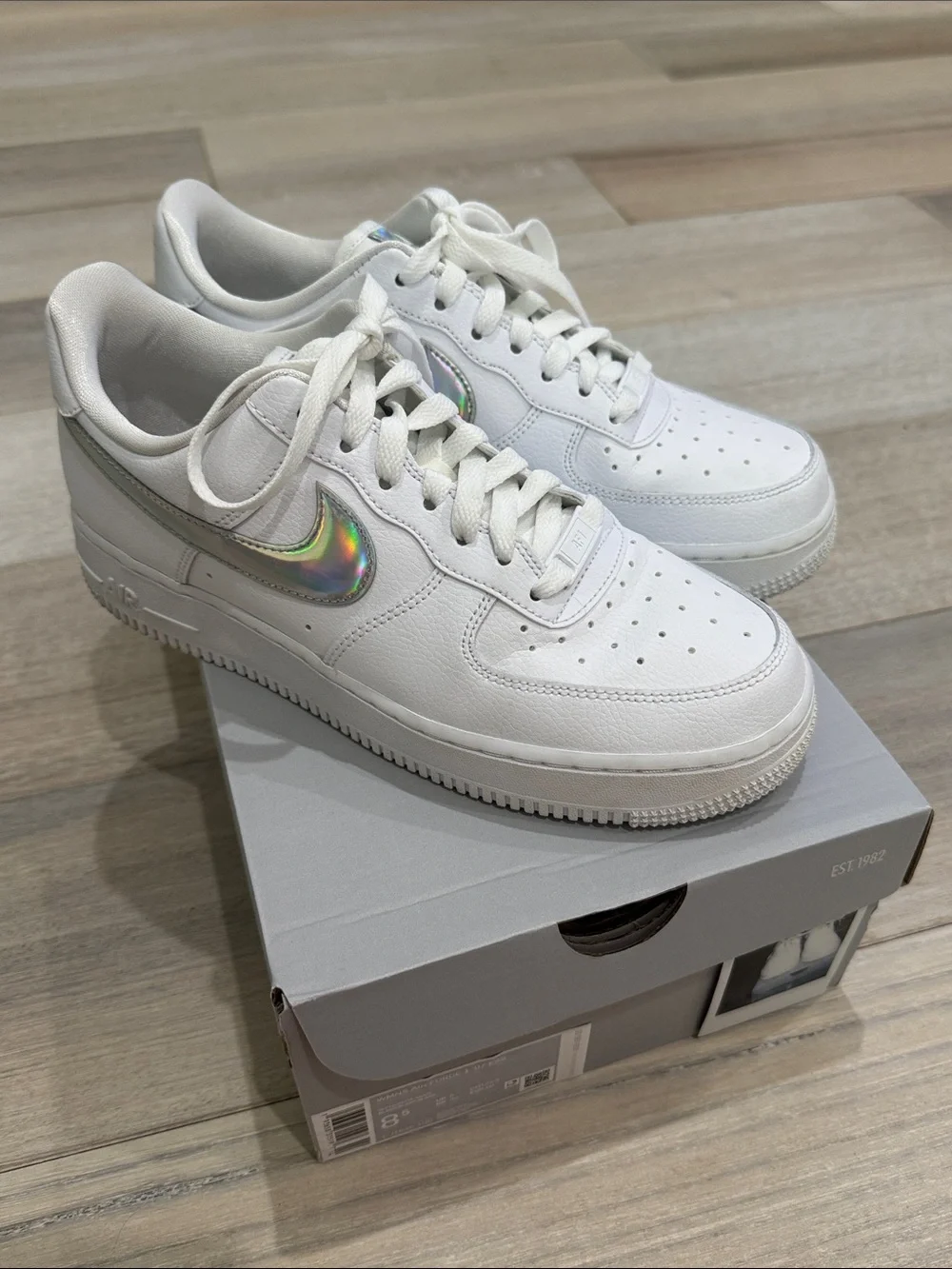 Nike: Like New — Womens Air Force 1 White Sneakers with Iridescent Swoosh Size 8